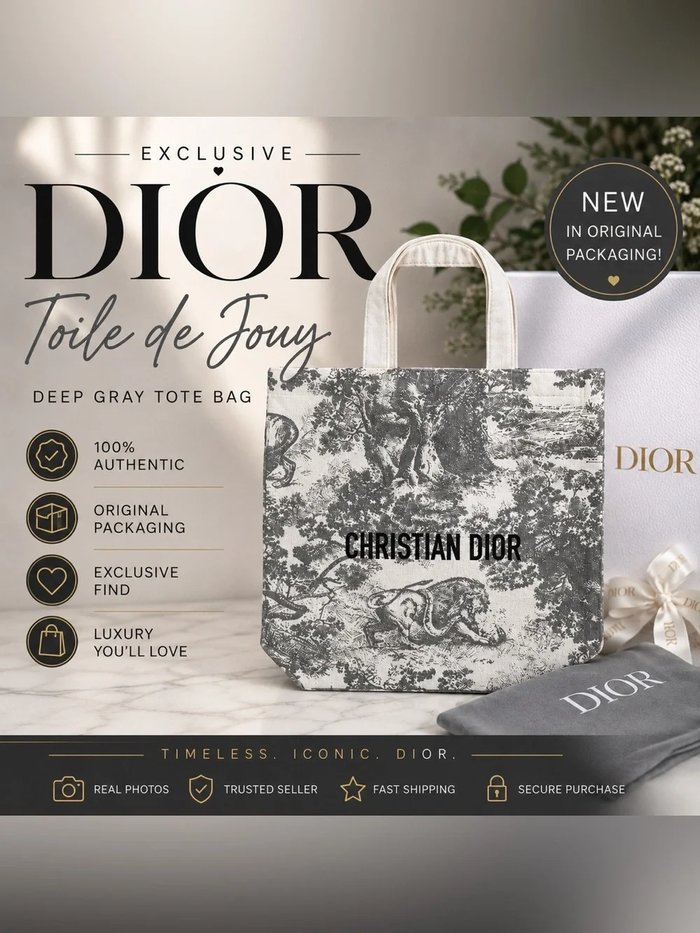 EXCLUSIVE Dior Toile De Jouy Deep Gray Tote Bag 🖤 NEW IN ORIGINAL PACKAGING!